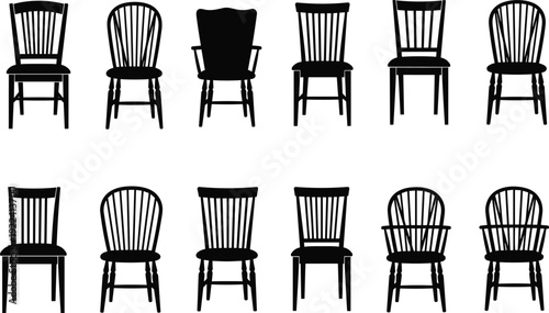 Wooden chair silhouette collection featuring classic dining and vintage spindle back seats, black furniture vector set isolated on white background