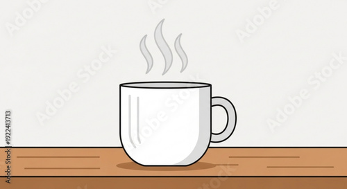 White coffee mug with steam rising on wooden table against plain white background minimalist illustration simple design warm beverage morning coffee