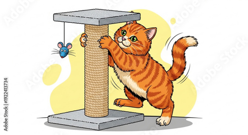 Orange tabby cat playing with toy insect on scratching post energetic and playful kitten in dynamic pose cartoon style
