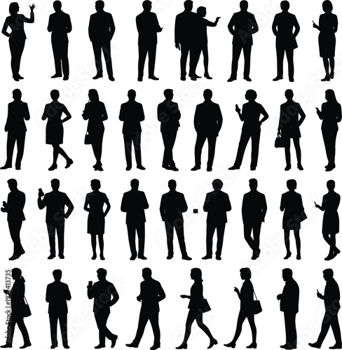 Business people silhouettes set, corporate men and women standing and walking isolated on white background