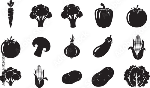 A collection of 13 black and white vegetable icons on a white background