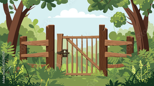 Farm gate arch vector illustration with rustic wooden entrance and countryside pathway, rural barnyard portal isolated on white background, simple agricultural landscape design for ranch, garden 