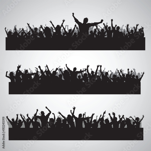 Crowd silhouette cheering at a music festival concert with people dancing in celebration at a rock party poster design

