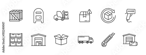 Warehouse logistics storage set icon. Crate mailbox forklift box return scanner shelf depot package truck cutter garage depict delivery shipping transport.