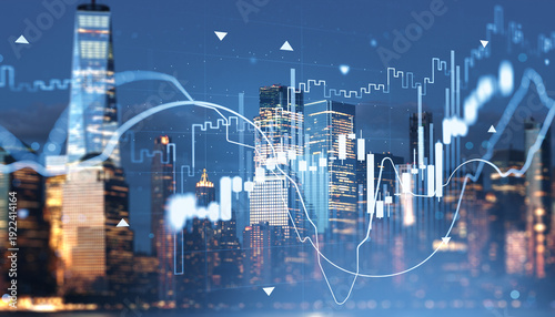 Futuristic stock market chart overlay with glowing lines and candlesticks on New York City skyline at dusk representing forex, crypto, and investment trends.