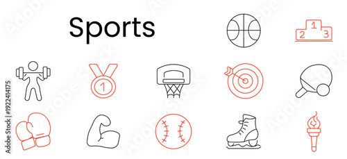 Sports set icon. Outline pictograms, weightlifting athlete, medal, basketball hoop, target board arrow, table tennis paddle, boxing gloves, flexed arm, baseball, ice skate, torch flame, podium