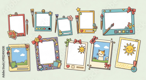 Collection of colorful cartoon picture frames with blank spaces and decorative elements ideal for children's content creation and scrapbooking