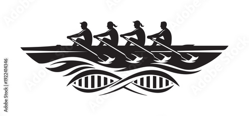 Rowing Team Silhouette with DNA Strand.