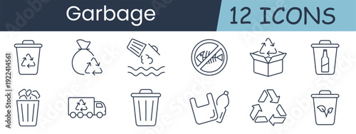 Garbage set icon. Trash bin, recycle bag, water pollution, no fish, recycling box, bottle bin, waste basket, truck, plastic bag, recycle symbol, eco bin, environment, cleanup