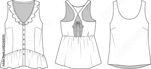 Fashionable women’s sleeveless tops, CAD technical sketch, flat vector template, ruffle blouse, tank top back tie design illustration