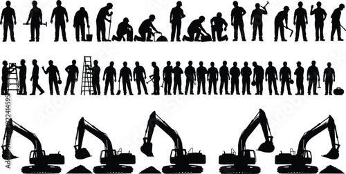 Black Construction Worker Silhouettes and Heavy Excavator Machinery Set Featuring Builders Engineers Contractors and Earthmoving Equipment for Industrial Site Development Architecture and Engineering 