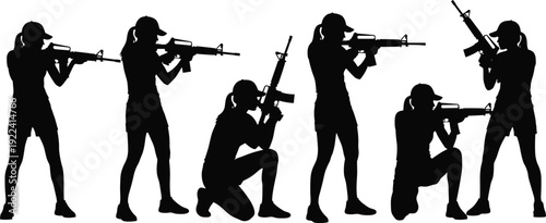 Black Female Soldier Silhouettes Set Featuring Women in Tactical Combat Poses Holding Rifles for Army Defense Military Training Security and Veteran Illustration Projects