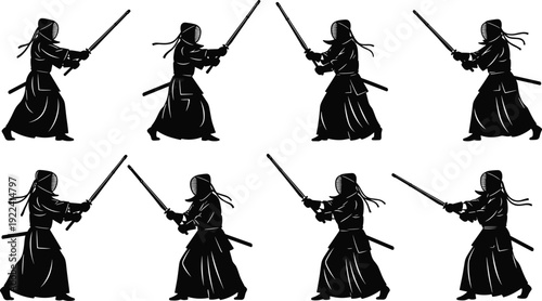 Black Kendo Martial Arts Silhouettes Set Featuring Japanese Swordsmen in Traditional Bogu Armor Holding Shinai Bamboo Swords for Sports Design Culture and Combat Illustrations