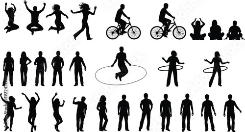 Black People Silhouettes Set Featuring Active Individuals Jumping Cycling Skipping Rope and Exercising for Fitness Health Sports Recreation Wellness and Healthy Lifestyle Illustrations
