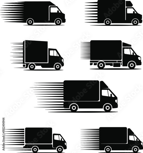Fast delivery truck icons, express shipping vehicle silhouette, cargo van design, logistics transportation illustration, courier service speed transport vector