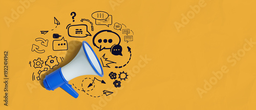 Bild auf Leinwand Megaphone with speech bubble icons and communication symbols on yellow background illustrating message sharing and creative communication concept
