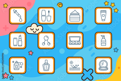 Cosmetic makeup set icon. Dropper, cream jars, lotion tube, lipstick, facial roller, eyeshadow palette, pump bottle, perfume spray, nail polish, sunscreen rays, compact mirror