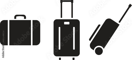 Black vector suitcase isolated on white background with handle and wheels for travel and business trips