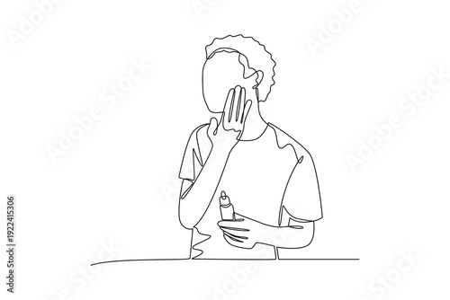 Man Applying Face Skincare Serum. Self care daily Concept. Single line draw design Video 4k. Footage graphic illustration