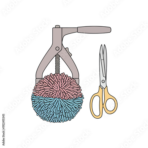 Pom pom maker tool with pink and blue yarn and scissors vector