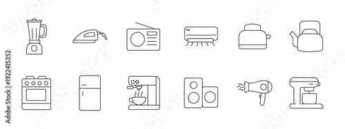 Home appliances electronics set icon. Blender iron radio conditioner toaster kettle stove refrigerator coffee machine speaker dryer mixer depict household device kitchen.