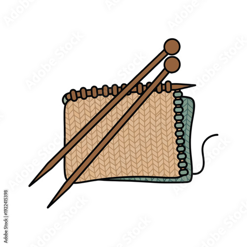 Knitting project with brown needles and beige and teal yarn vector