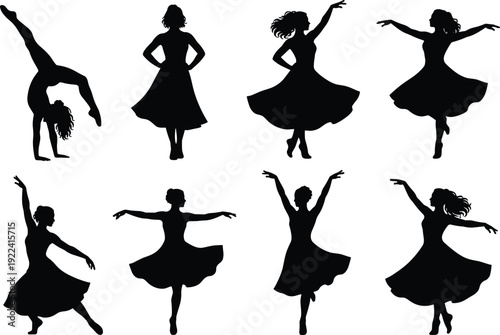 Elegant Woman Dancer Silhouettes Set Featuring Graceful Ballet Poses Contemporary Dance Moves and Gymnastic Actions for Arts Performance Feminine Design and Fitness Illustration Projects
