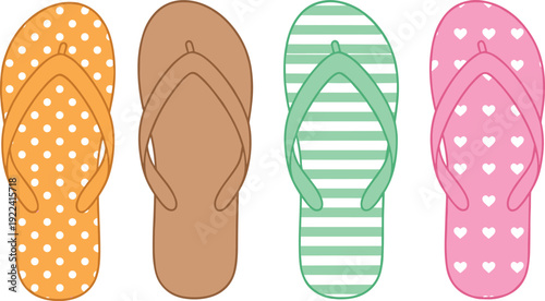Colorful Summer Flip Flops Vector Illustration Featuring Polka Dots Stripes and Heart Patterns for Beach Vacation Travel Footwear Fashion Design and Seasonal Holiday Icons