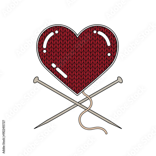 Red knitted heart with crossed knitting needles and yarn