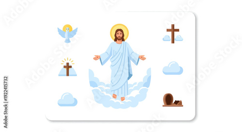 Jesus Christ Ascending to Heaven Surrounded by Religious Symbols