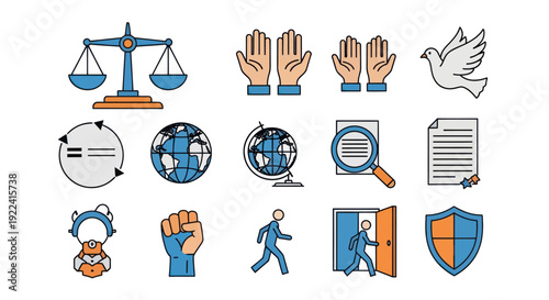Set of Flat Icons: Justice, Peace, Human Rights, Equality, Global Issues