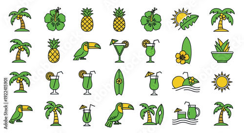 Tropical Summer Icons: Palm Trees, Pineapples, Toucans, Cocktails, Surfboards & Sun