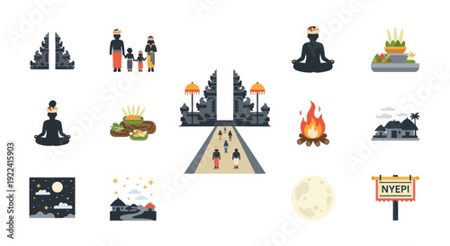 Balinese Culture Icons: Nyepi, Temple, Family, Meditation, Fire, Village, Moon