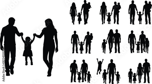 Large Set of Black Family Silhouettes Walking and Holding Hands Isolated on White Background for Parenthood Childhood Love and Happy Relationship Graphic Design Projects