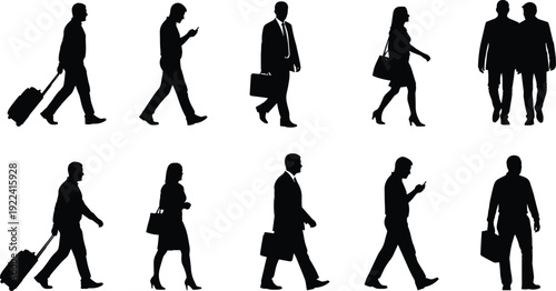 Large Set of Black Business People Silhouettes Walking with Suitcases Briefcases and Smartphones Isolated on White Background for Professional Travel and Corporate Lifestyle Design Projects