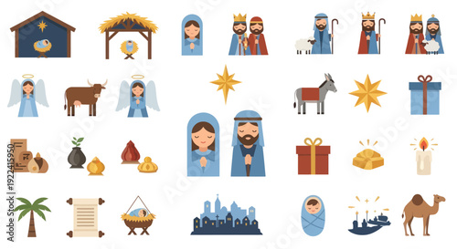 Christmas Nativity Scene Icons Set, Religious Christian Symbols Vector Illustration