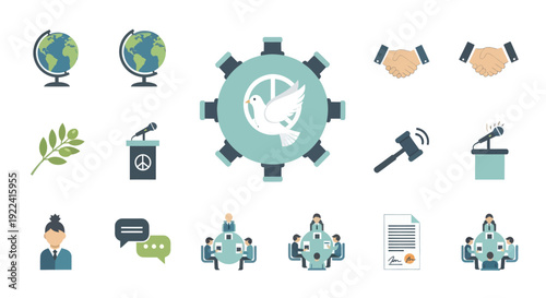 Global Peace and Diplomacy Icons: Dove, Earth, Handshake, Gavel, Meeting, Document