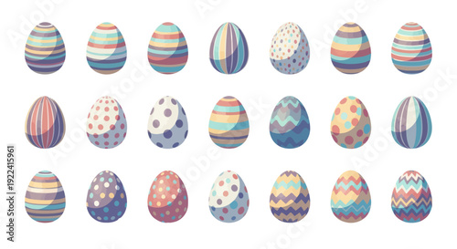 Colorful Easter Eggs Collection with Stripes and Dots, Festive Spring Holiday Symbols