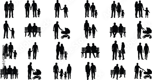 Large Set of Black Family Silhouettes Walking with Strollers Sitting on Park Benches and Holding Hands for Parenthood Childhood and Outdoor Lifestyle Graphic Design Projects