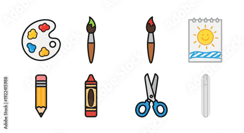 Art Supplies Icons: Palette, Brushes, Pencil, Crayon, Scissors, Sketchpad, Pen