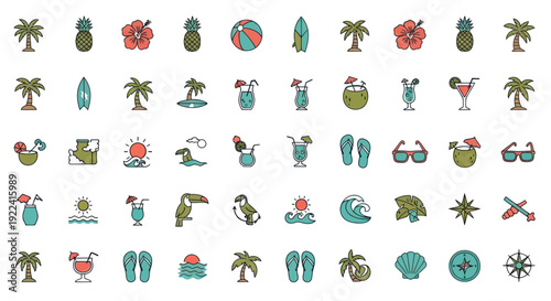 Summer Vacation Icons Set: Tropical Beach, Palm Trees, Cocktails, Surfboards, Sunglasses