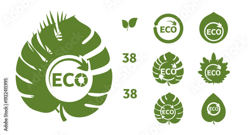 Eco friendly logos and icons: green leaves, recycling symbol, organic labels
