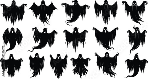 Set of spooky black ghost silhouettes with tattered robes and scary faces isolated on white background for Halloween decor, horror posters, and graphic design