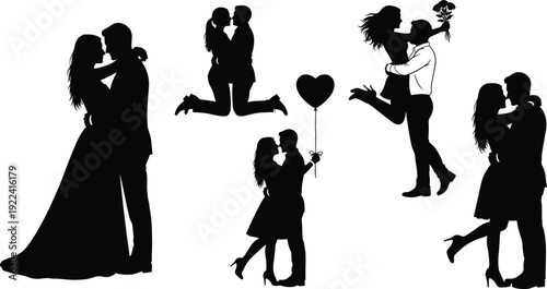 Set of Romantic Couple Silhouettes Featuring Wedding Poses Hugging Kissing and Holding Balloons for Valentines Day Love Relationship Anniversary and Marriage Graphic Design Projects