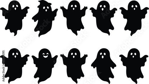 Set of Ten Black Ghost Silhouettes with Spooky and Cute Expressions Isolated on White Background for Halloween Party Decorations Horror Themes and Scary Graphic Design