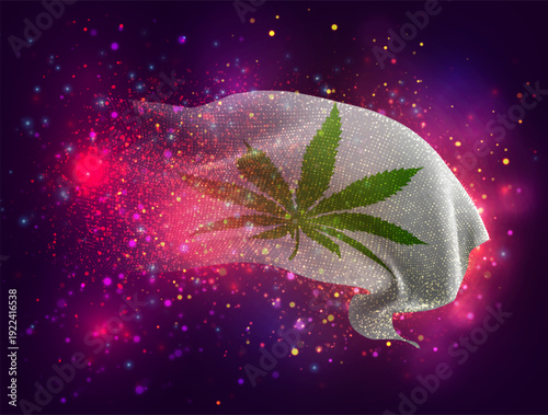 Сannabis, vector 3d flag with a splash of paint dots, explosion of colored dots