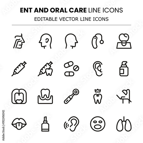 ENT and Oral Care Modern Line Icon Pack. Suitable for ear care, dental hygiene, and ENT procedures.
