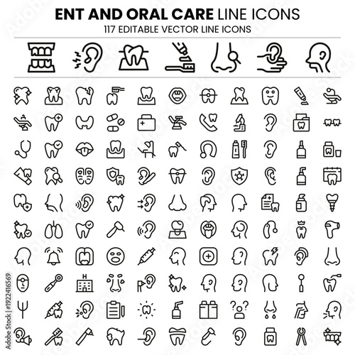ENT and Oral Care Professional Line Icon Pack. Ideal for audiology, nasal care, and oral hygiene projects.
