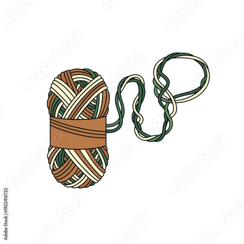 Ball of brown white and green yarn with brown band skein