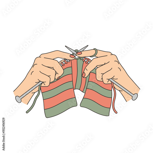 Hands cutting striped sweater with scissors and knitting needles